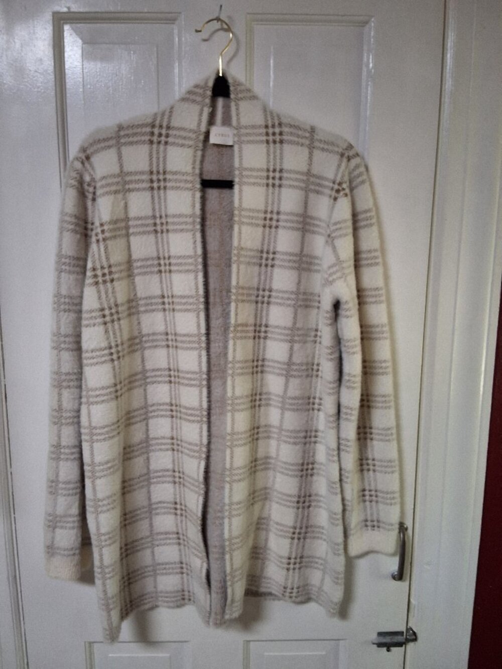 NWT $110.00 Cyrus cream/tan windowpane Cardigan open front Sweater size L